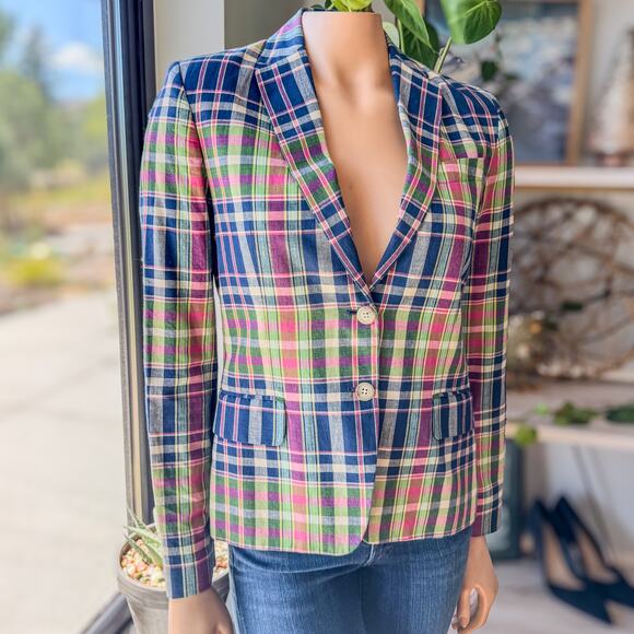 Ralph Lauren Plaid Jacket, Blue Label 100% Cotton w Shoulder Pads, Womens Size 2 - Picture 2 of 10